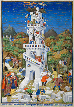 Budowa wieży Babel, miniatura z Godzinek księcia Bedford