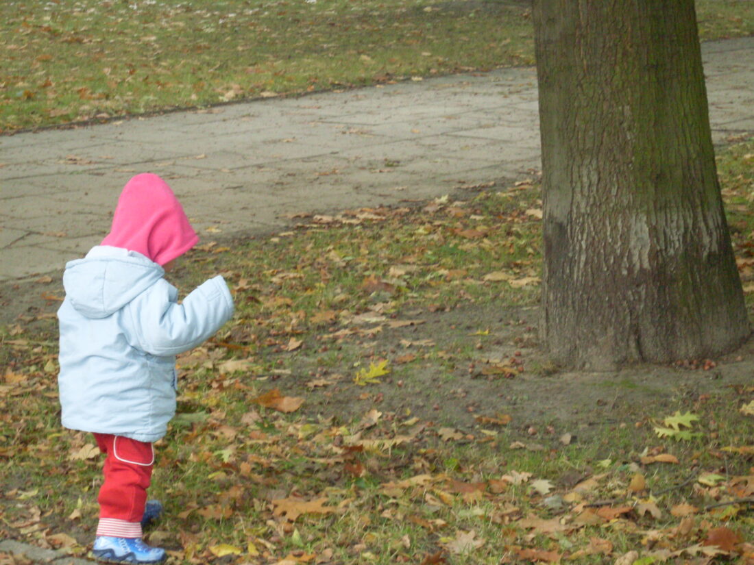 dziecko w różowym kapturku, obok drzewa, stoi tyłem