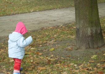 dziecko w różowym kapturku, obok drzewa, stoi tyłem
